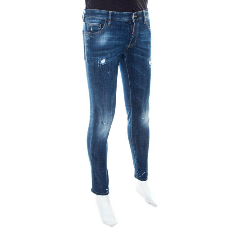 DSquared2 Indigo Faded Effect Denim Distressed Slim Jeans M