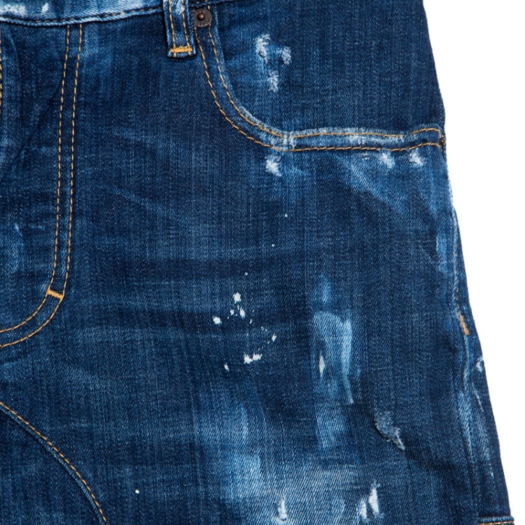 Pre Owned Dsquared2 Blue Distressed Denim Paint Splatter Detail Tidy Biker Jeans XS