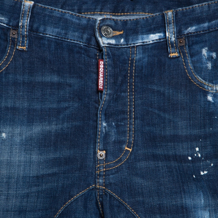 Pre Owned Dsquared2 Blue Distressed Denim Paint Splatter Detail Tidy Biker Jeans XS