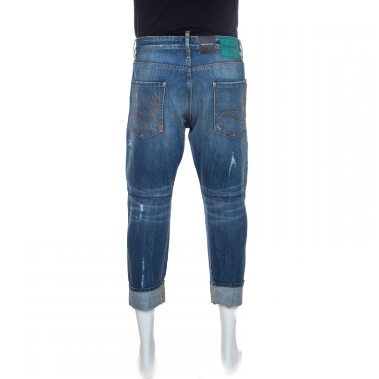 Pre Owned Dsquared2 Indigo Washed & Distressed Denim Cropped Work Wear Jeans M
