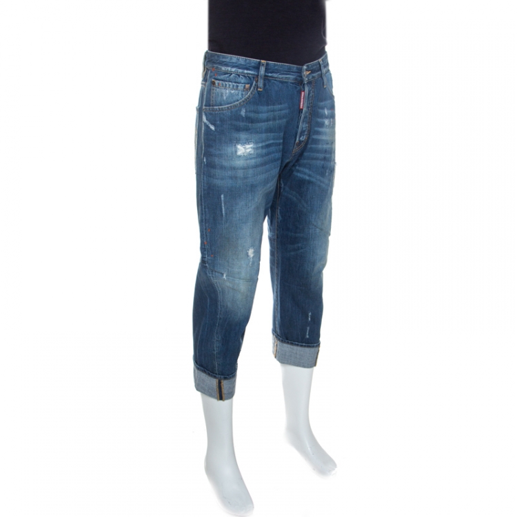 Pre Owned Dsquared2 Indigo Washed & Distressed Denim Cropped Work Wear Jeans M