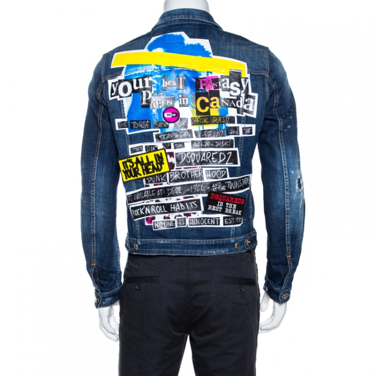 Pre Owned Dsquared2 Indigo Graphic Print Appliqued Classic Jean Jacket M