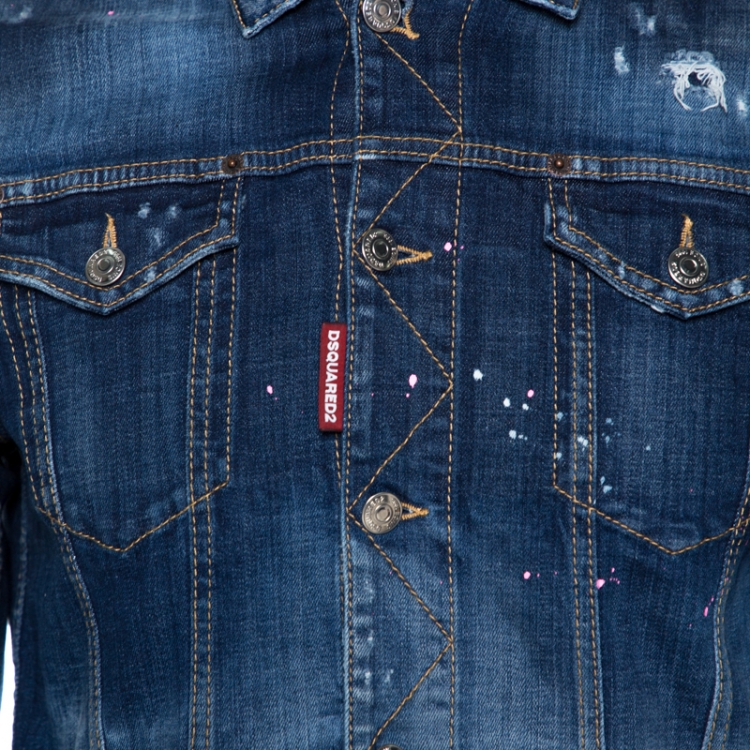 Pre Owned Dsquared2 Indigo Graphic Print Appliqued Classic Jean Jacket M