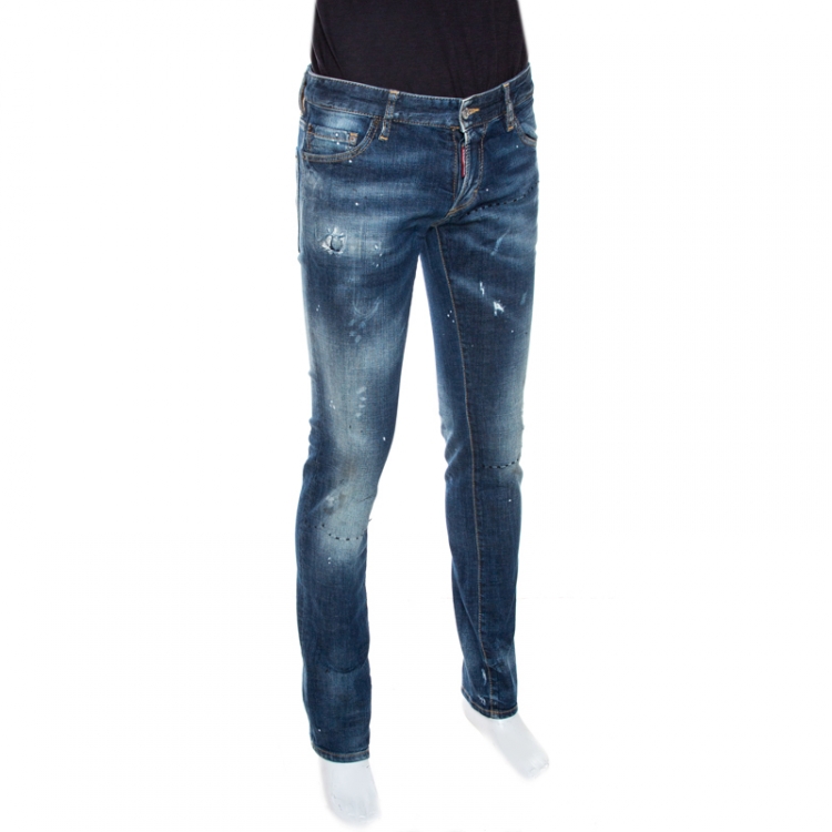 Pre Owned Dsquared2 Blue Distressed Denim Stitch Detail Slim Jeans S