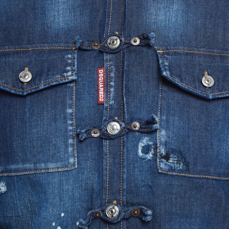 Pre Owned Dsquared2 Blue Mandarin Toggle Distressed Denim Shirt M