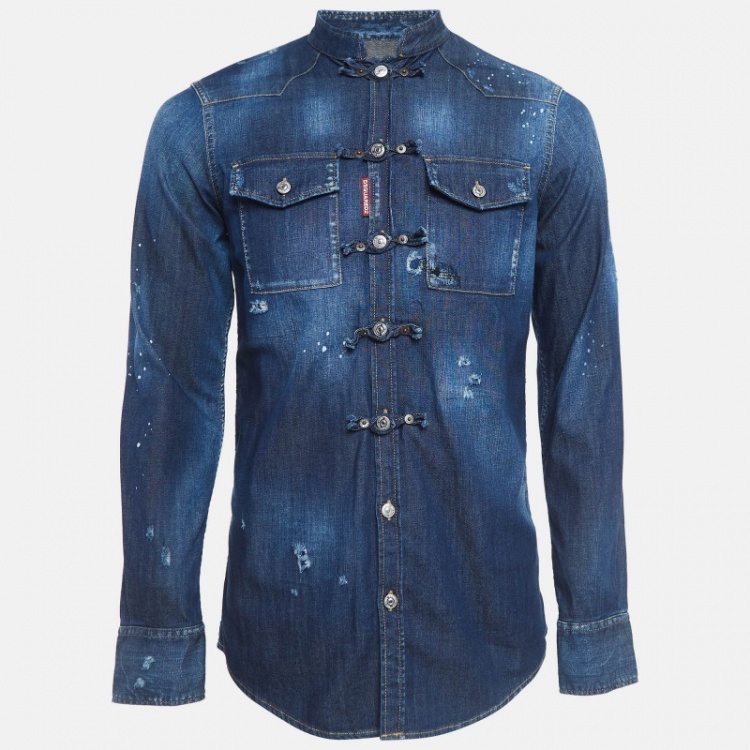 Pre Owned Dsquared2 Blue Mandarin Toggle Distressed Denim Shirt M