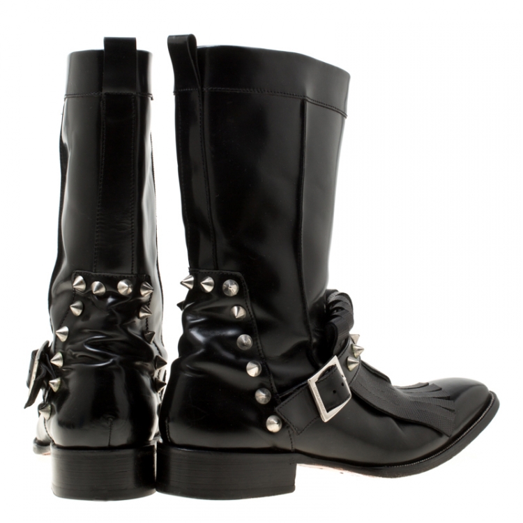 Pre Owned Dsquared2 Black Leather Spike Fringe Detail Calf Length Boots Size 44