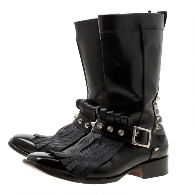 Pre Owned Dsquared2 Black Leather Spike Fringe Detail Calf Length Boots Size 44