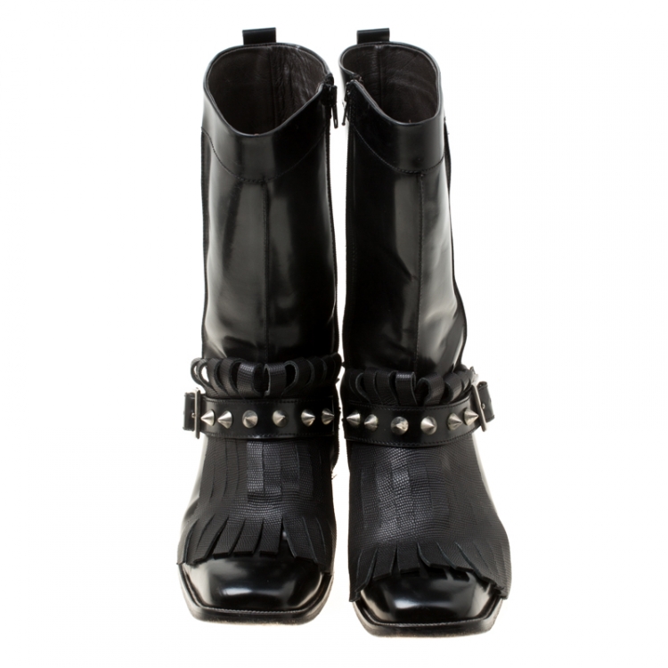 Pre Owned Dsquared2 Black Leather Spike Fringe Detail Calf Length Boots Size 44