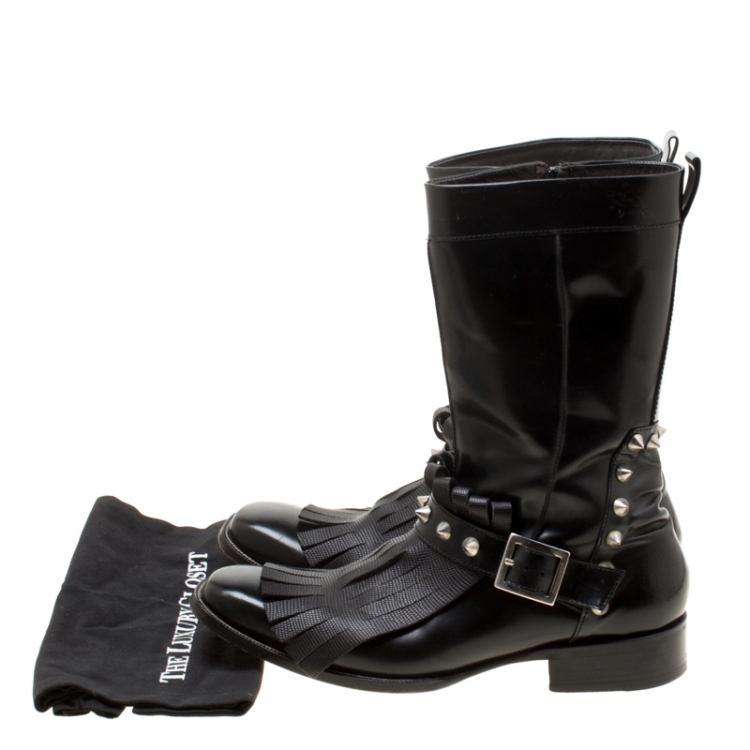 Pre Owned Dsquared2 Black Leather Spike Fringe Detail Calf Length Boots Size 44