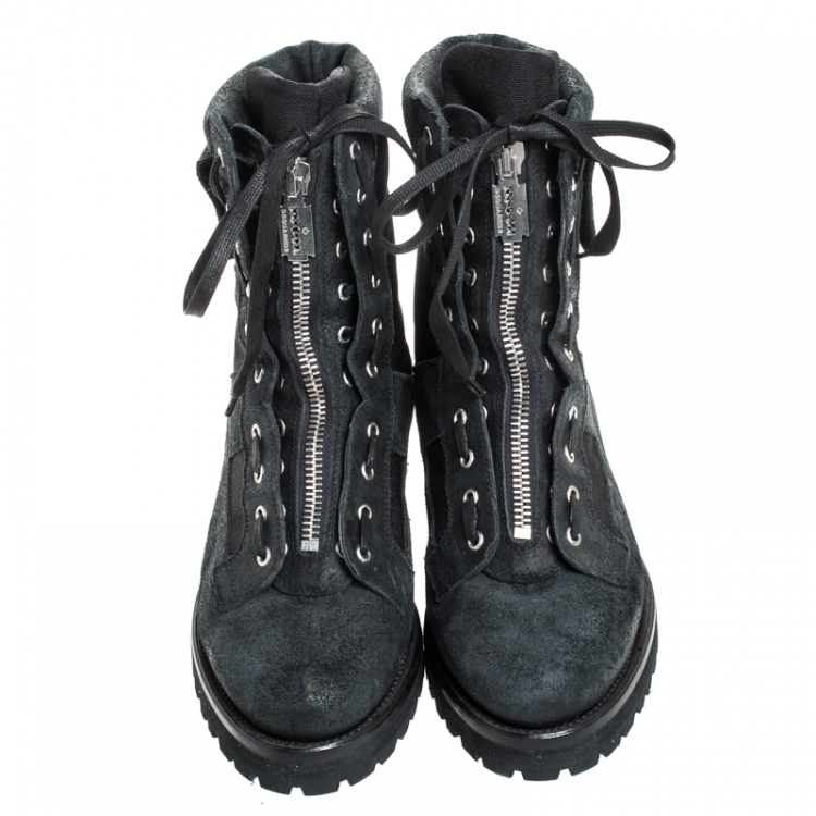 Pre Owned Dsquared2 Black Leather And Suede Lace Up And Zipper Ankle Boots Size 43