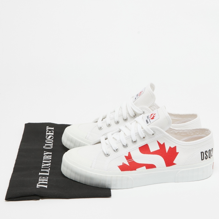 Pre Owned Dsquared White Canvas Printed Low Top Sneakers Size 42