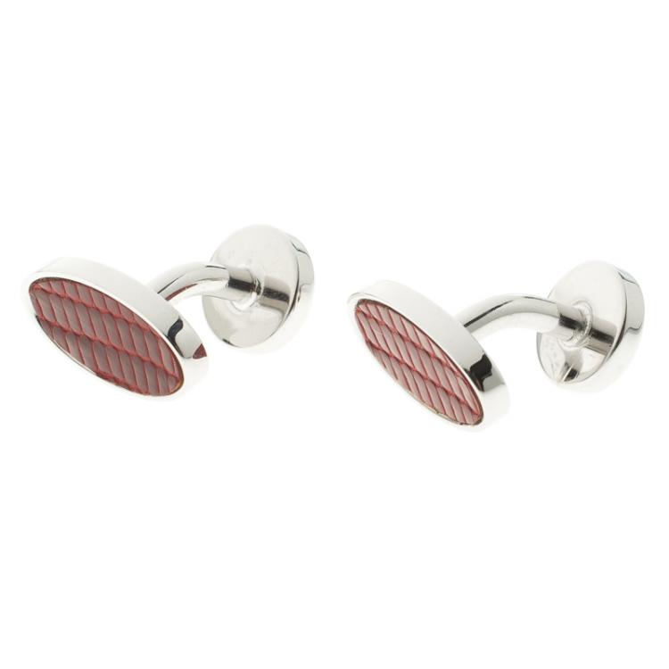 Pre Owned Dunhill Red Leather Silver Tone Oval Cufflinks