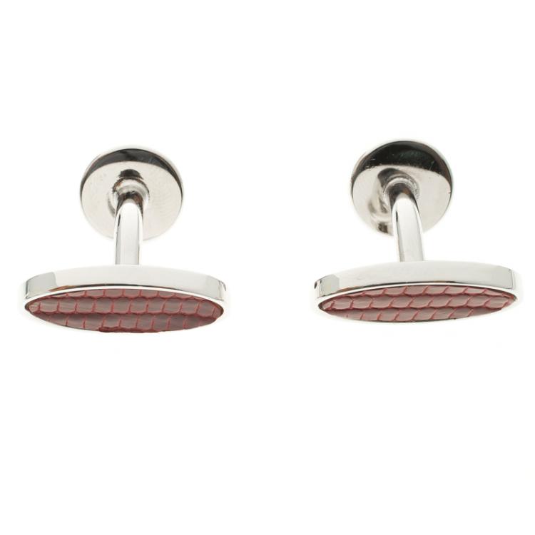 Pre Owned Dunhill Red Leather Silver Tone Oval Cufflinks