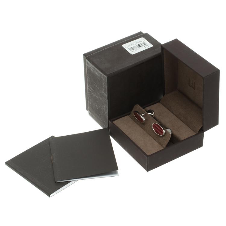 Pre Owned Dunhill Red Leather Silver Tone Oval Cufflinks