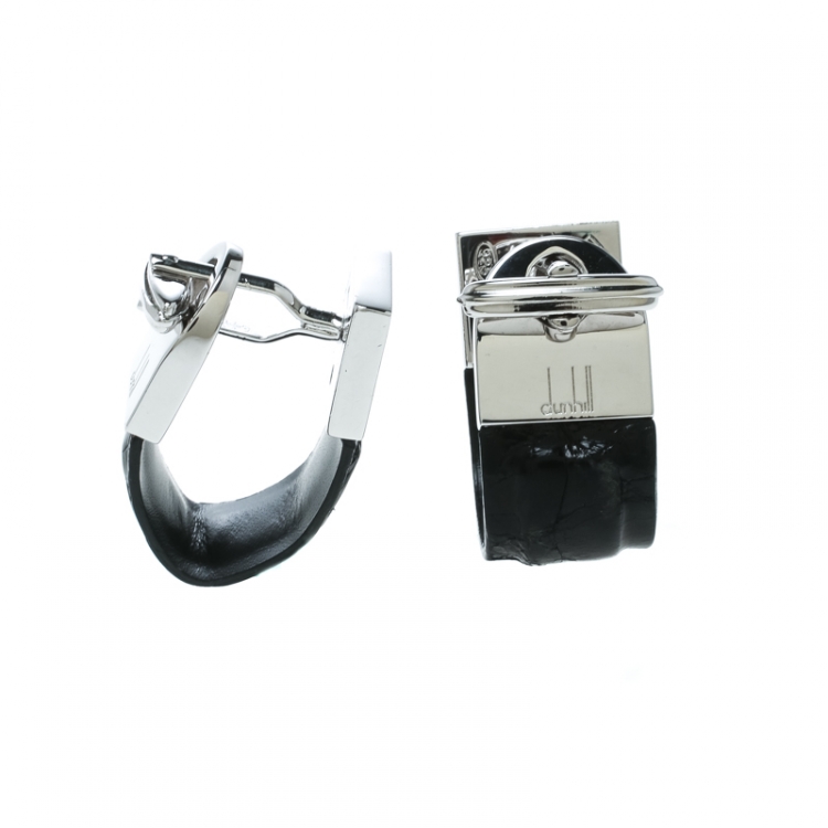 Pre Owned Dunhill Black Leather & Silver Wrap Around Cufflinks 