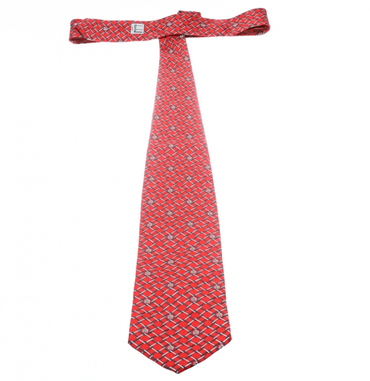 Pre Owned Dunhill Red Geometric Logo Printed Silk Traditional Tie