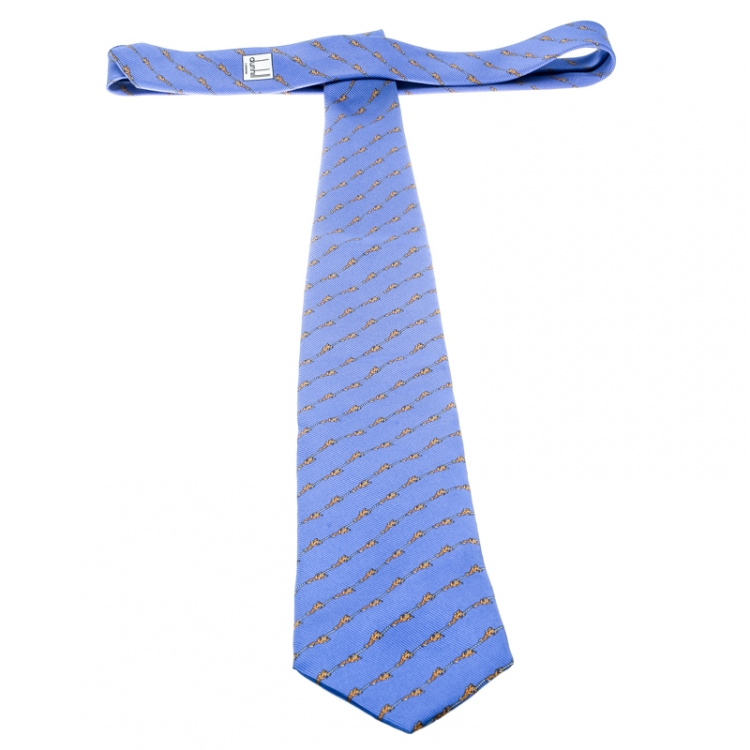 Pre Owned Dunhill Blue Clasp Printed Silk Traditional Tie