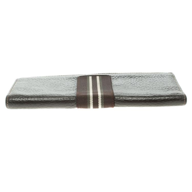 Pre Owned Dunhill Dark Brown Leather Stripe Long Wallet