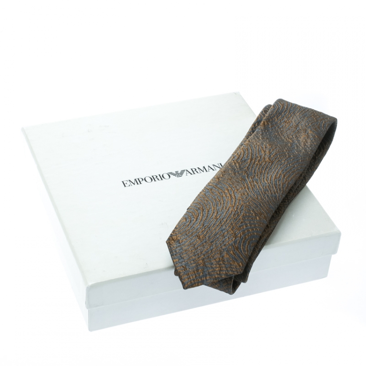 Pre Owned Emporio Armani Grey and Mustard Yellow Embossed Jacquard Skinny Tie