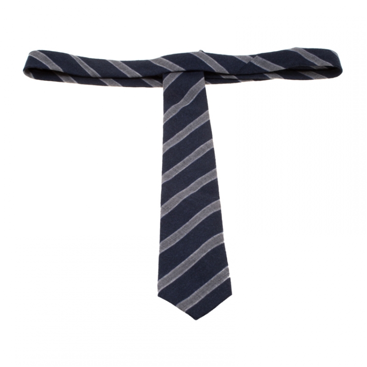 Pre Owned Emporio Armani Navy Blue and Grey Diagonal Striped Wool Tie