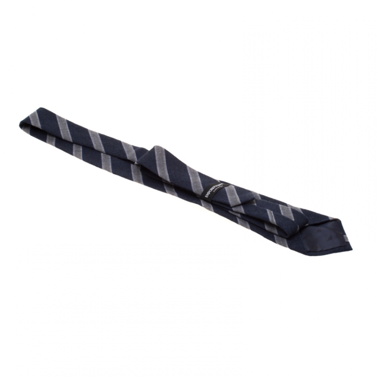 Pre Owned Emporio Armani Navy Blue and Grey Diagonal Striped Wool Tie