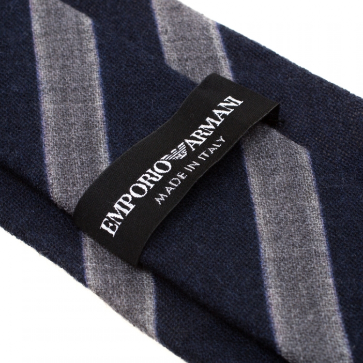 Pre Owned Emporio Armani Navy Blue and Grey Diagonal Striped Wool Tie