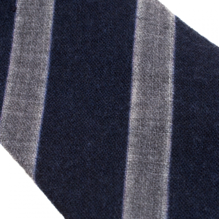 Pre Owned Emporio Armani Navy Blue and Grey Diagonal Striped Wool Tie