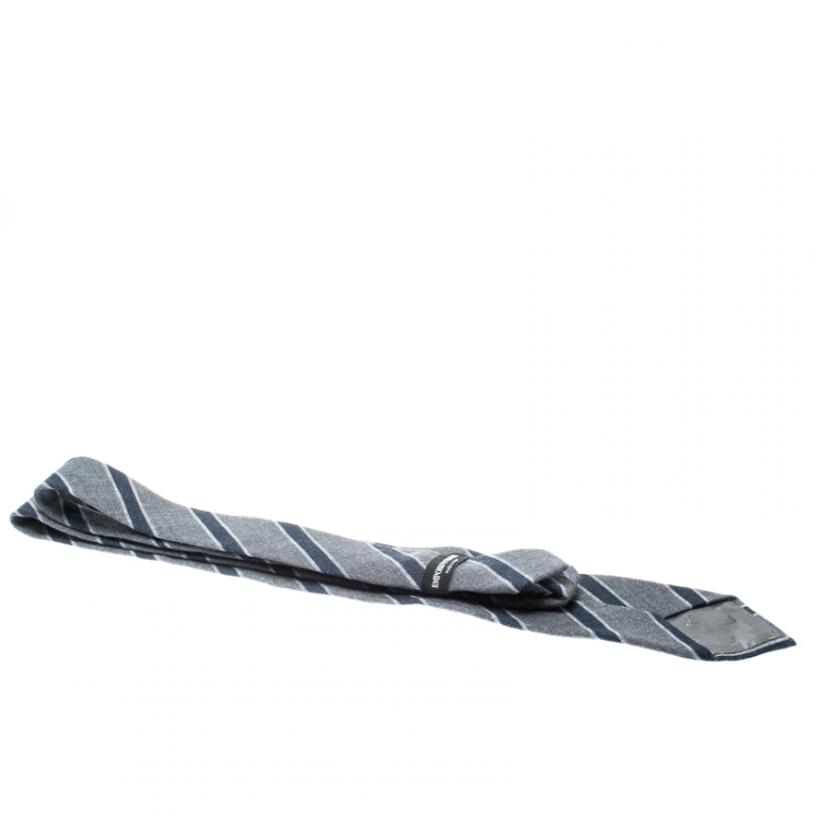 Pre Owned Emporio Armani Grey and Blue Diagonal Striped Wool Tie