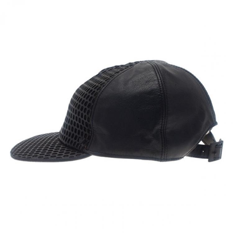Pre Owned Emporio Armani Black Leather Cutout Baseball Cap Size S
