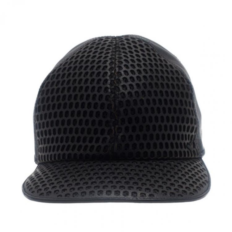 Pre Owned Emporio Armani Black Leather Cutout Baseball Cap Size L