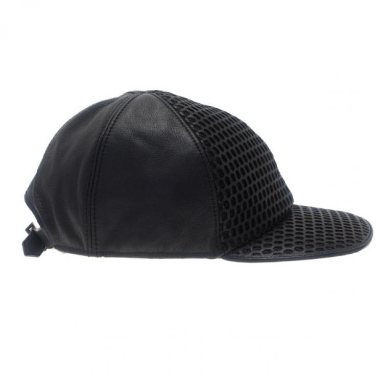 Pre Owned Emporio Armani Black Leather Cutout Baseball Cap Size L