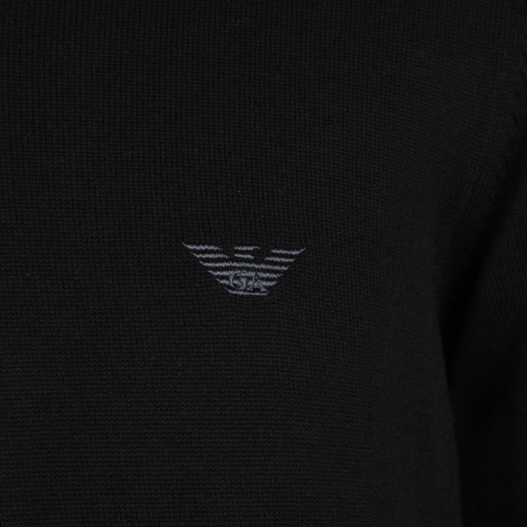 Pre Owned Emporio Armani Black Contrast Rib Trim and Elbow Patch Detail V Neck Sweater M