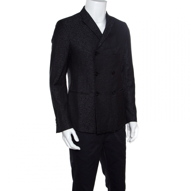 Pre Owned Emporio Armani Dark Grey Patterned Jacquard Wool Double Breasted Blazer M