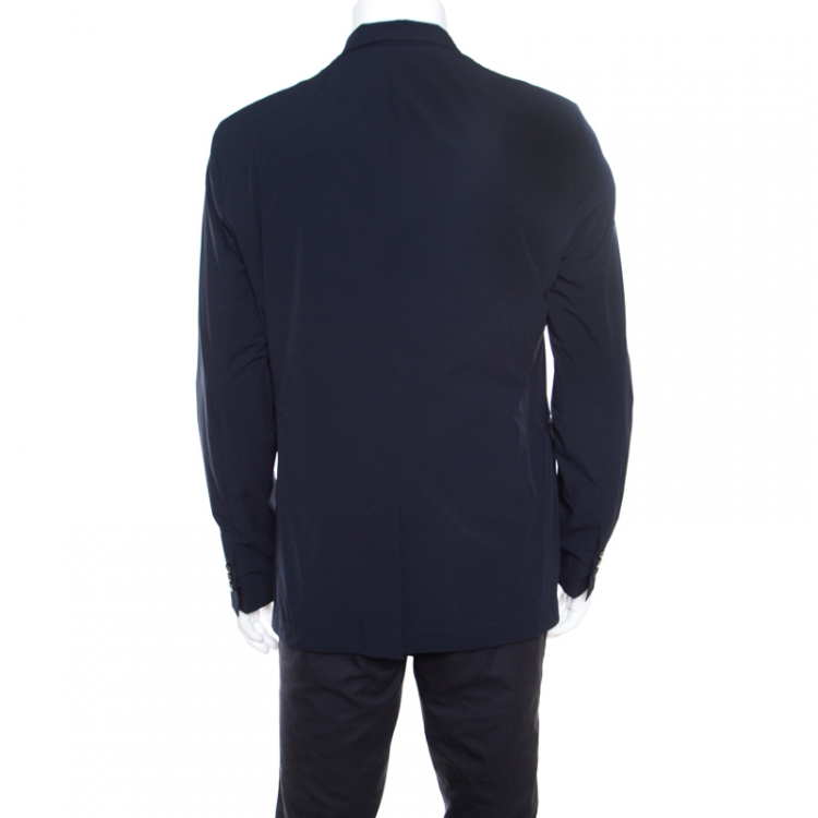 Pre Owned Emporio Armani Navy Blue Nylon Fingerprint Lined Double Breasted Jacket XL