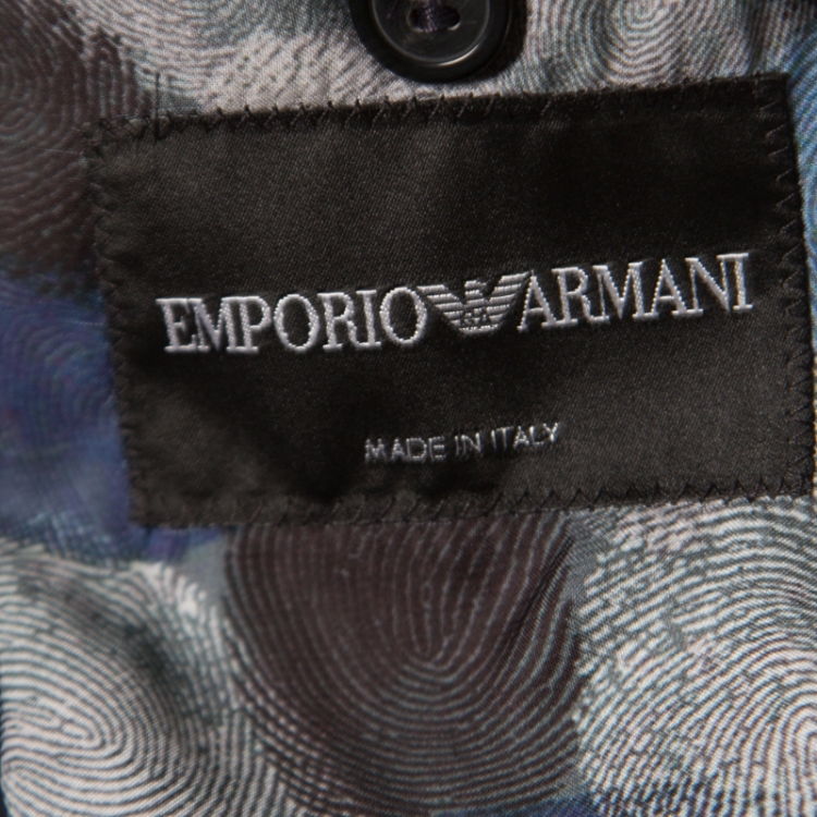 Pre Owned Emporio Armani Navy Blue Nylon Fingerprint Lined Double Breasted Jacket XL
