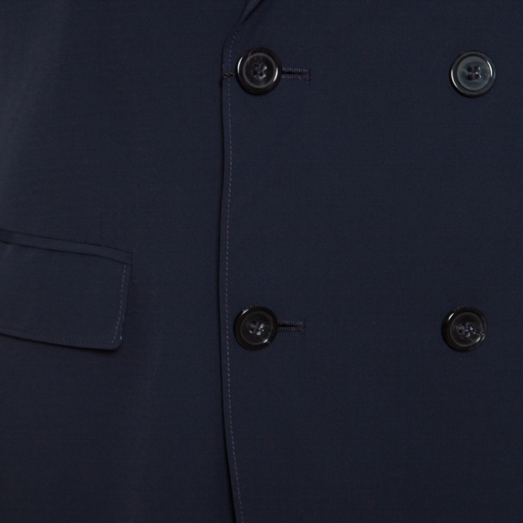 Pre Owned Emporio Armani Navy Blue Nylon Fingerprint Lined Double Breasted Jacket XL