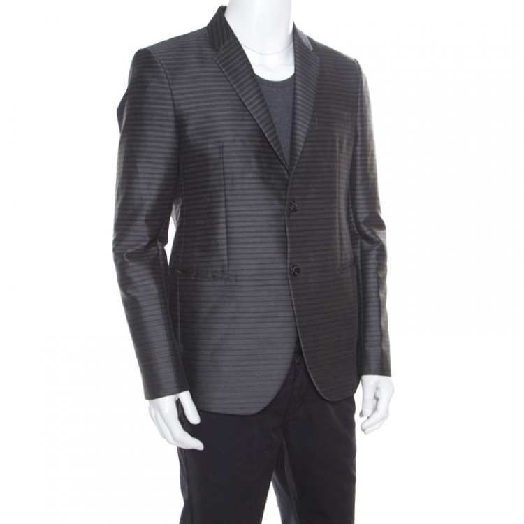 Pre Owned Emporio Armani Grey Horizontal Striped Wool and Cotton Two Button Blazer XL