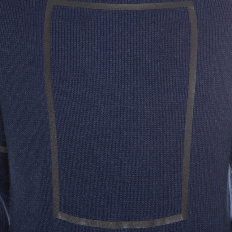 Pre Owned Emporio Armani Blue Square Patterned Tape Detail Alpaca Sweater M