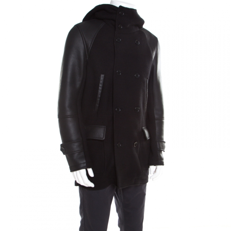 Pre Owned Emporio Armani Black Chunky Knit Leather Paneled Hooded Double Breasted Jacket XL
