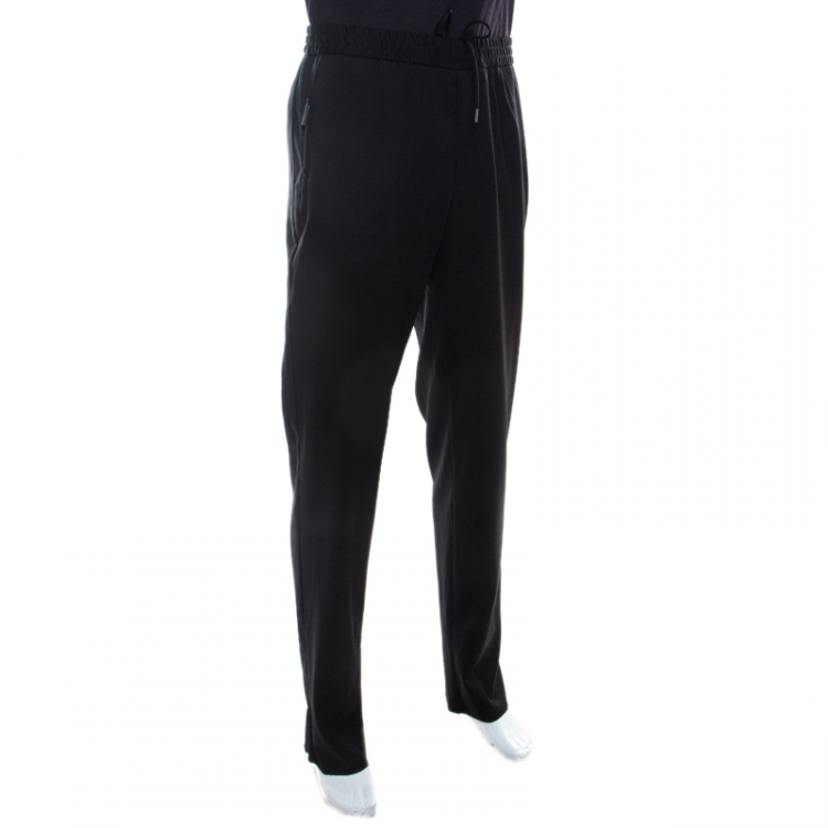 Pre Owned Emporio Armani Black Wool Elasticized Waist Straight Fit Trousers XL