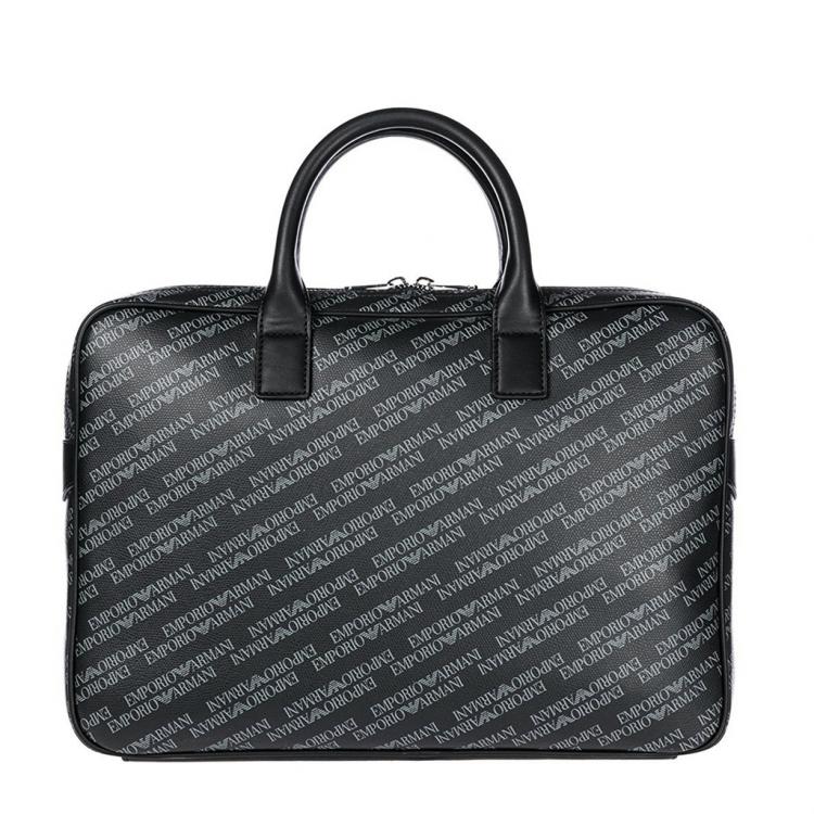 Pre Owned Emporio Armani Black Monogram Leather Laptop Bag