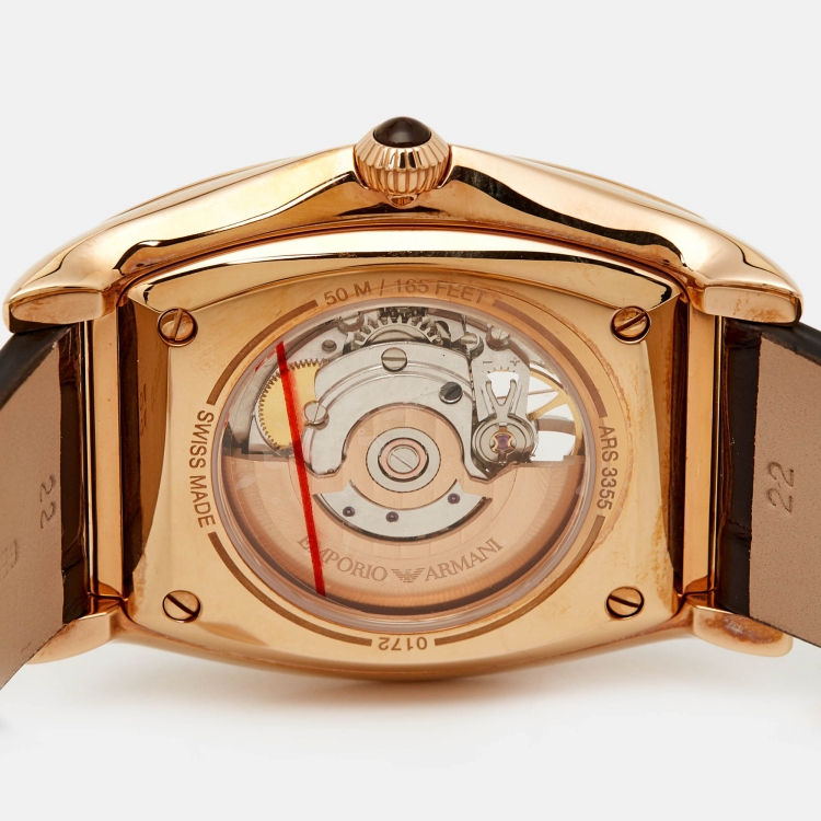Pre Owned Emporio Armani Brown Gold Plated Stainless Steel Alligator Leather Classic ARS3355 Men's Wristwatch 45 mm