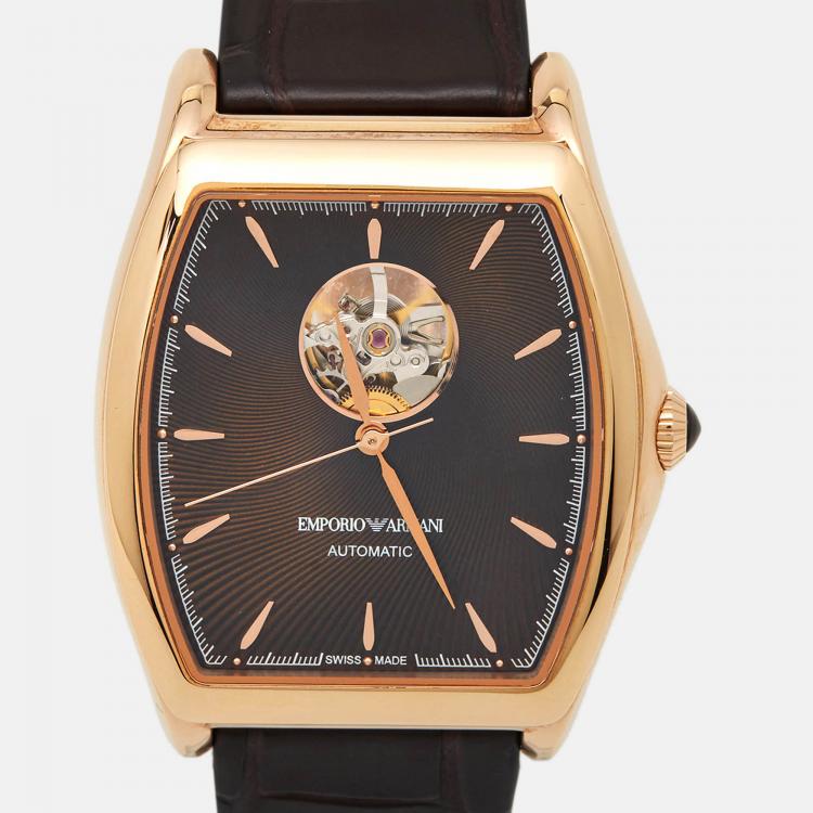 Pre Owned Emporio Armani Brown Gold Plated Stainless Steel Alligator Leather Classic ARS3355 Men's Wristwatch 45 mm