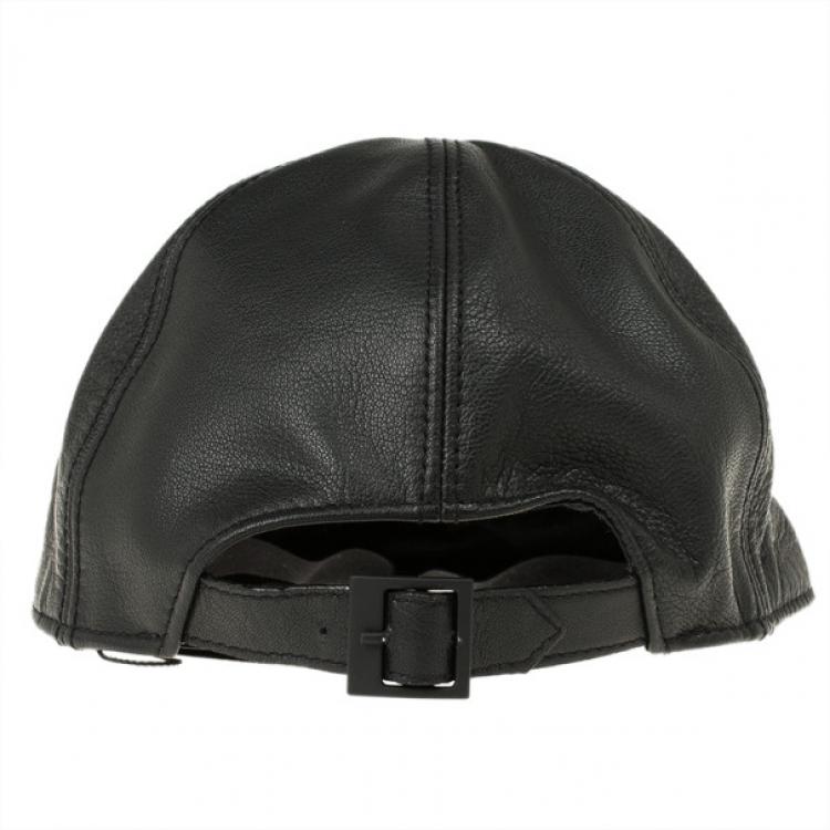 Pre Owned Emporio Armani Black Leather Cutout Baseball Cap Size M