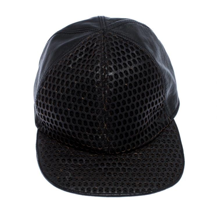 Pre Owned Emporio Armani Black Leather Cutout Baseball Cap Size S