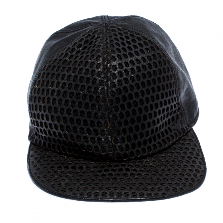 Pre Owned Emporio Armani Black Leather Cutout Baseball Cap Size S
