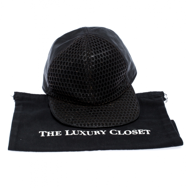 Pre Owned Emporio Armani Black Leather Cutout Baseball Cap Size S