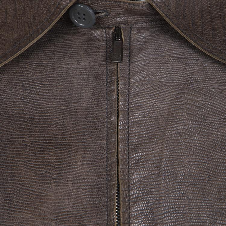 Pre Owned Emporio Armani Brown Embossed Leather Zip Front Jacket XL