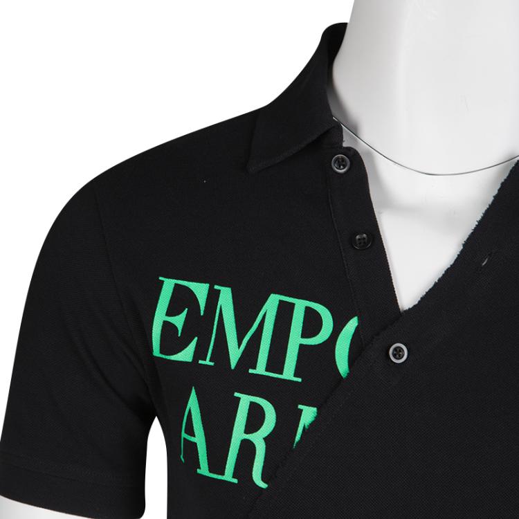 Pre Owned Emporio Armani Black Honeycomb Knit Asymmetric Detail Printed Polo T-Shirt L